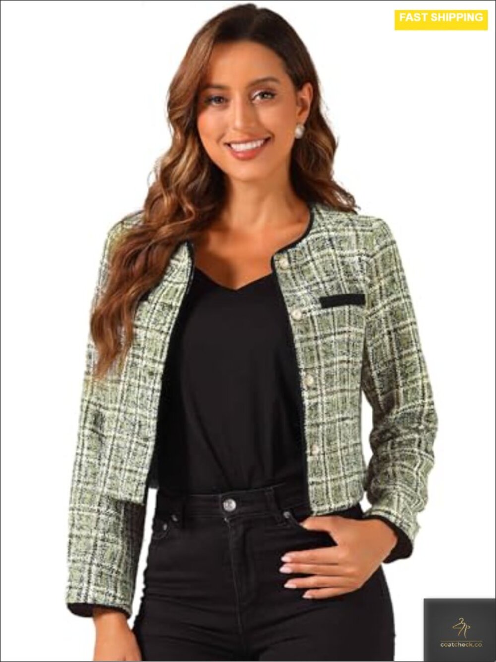 Women's Tweed Blazer Collarless Cropped Long Sleeve Vintage Button Down